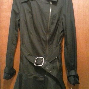 NWT Coat Black Belted Gunmetal Front-Zip Trench '